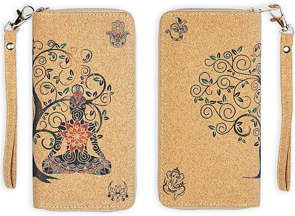 Buddha Cork Vegan Wristlet Wallet - credit card, business cards, coins & bills Room for Cellphone