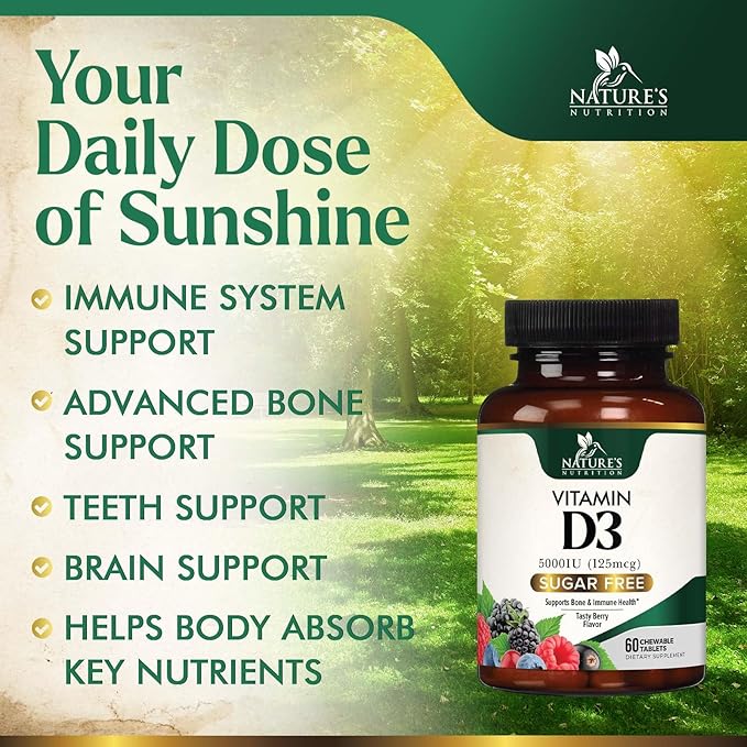 Vitamin D3 5000 IU (125 mcg) Nature's Extra Strength Vitamin D Supplement Chewable for Immune Support Health - Bone, Teeth and Muscle Supplements - Sugar Free, Non-GMO, Gluten Free - 60 Count Tablets