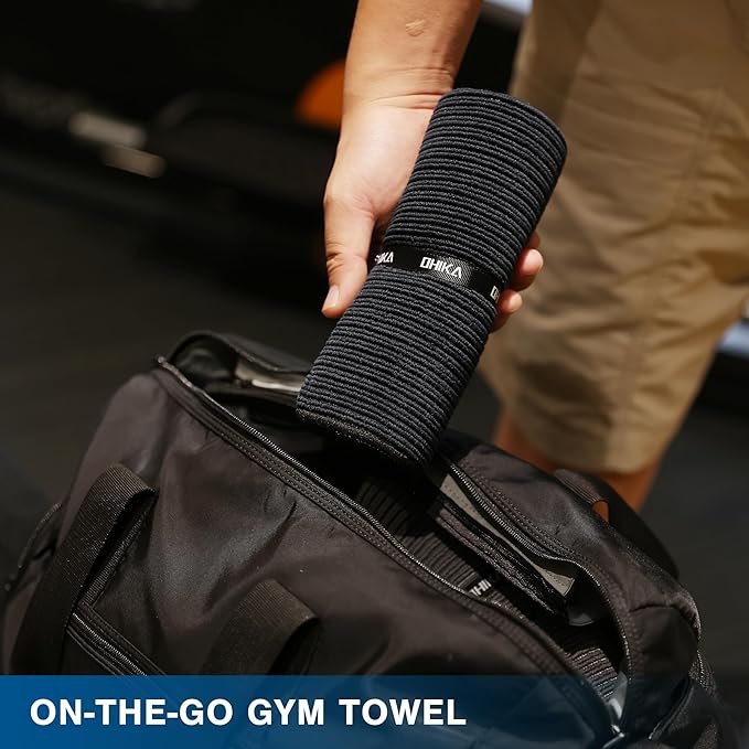 Microfiber Gym Towels with Snap Strap Closure, Ribbed Pattern Sports Towels for Yoga, Home and Outdoor Activities, 27” x 16”, 6 Pack, Black