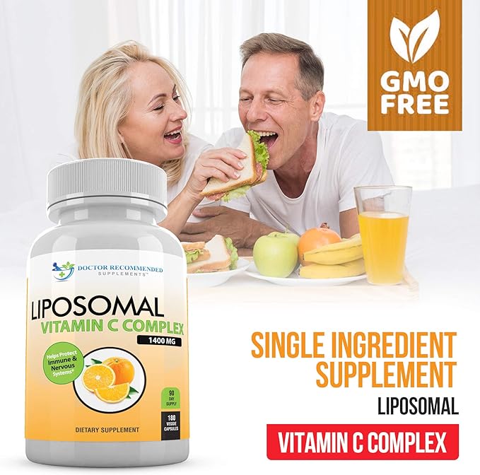 Liposomal Vitamin C 1400mg Per Serving - 180 Veggie Capsules High Absorption Ascorbic Acid, Lypo-Spheric Vitamin C Complex Immune Support Supplement with Powerful Antioxidants and Collagen Booster