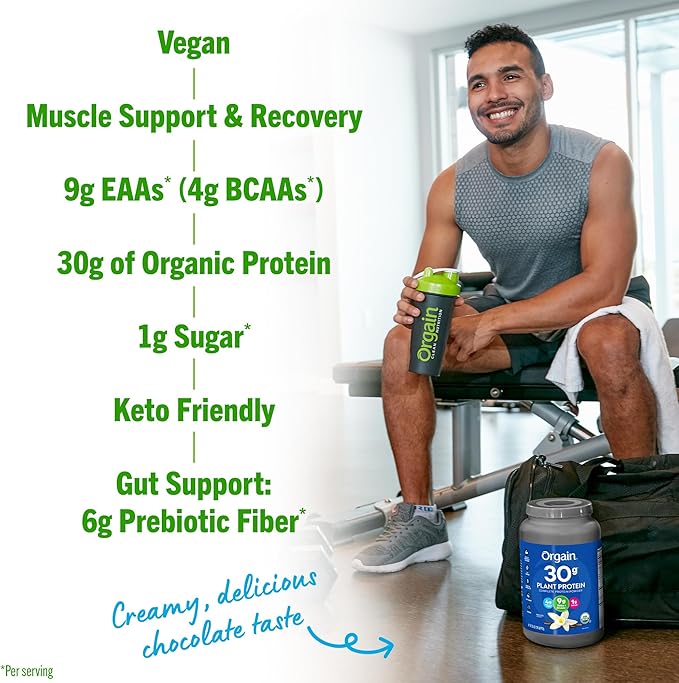 Orgain Organic 30g Vegan Plant Protein Powder, Vanilla, 9g EAAs + BCAAs, High Plant Protein, 4g Prebiotic + Fiber, 1g Sugar, Pre-Workout, Muscle Support + Recovery - 2.01lb (Packaging May Vary)
