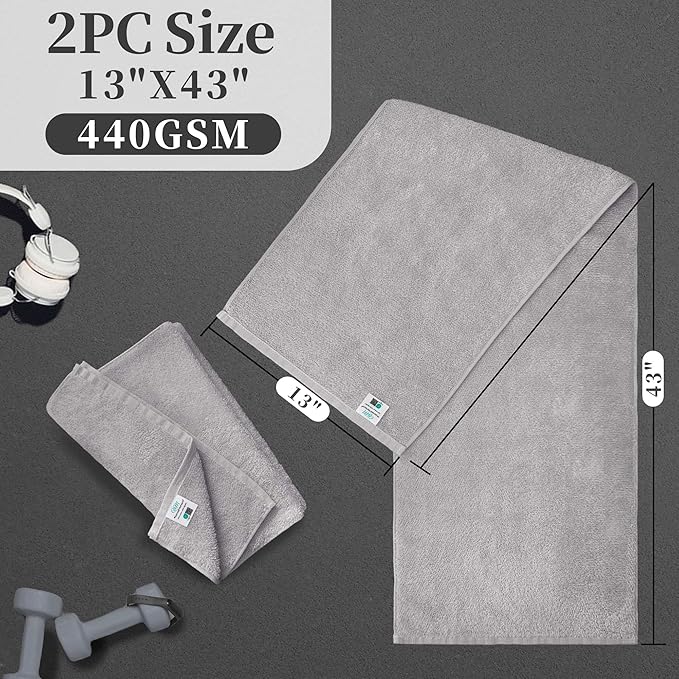 Gray Workout Towels for Gym (2PC, 13"x43") - 100% Cotton, Breathable, Soft & Absorb - Sweat Towel for Men & Women, Sports Hand Towel for Yoga, Shower, Tennis, Running, Exercise & Fitness