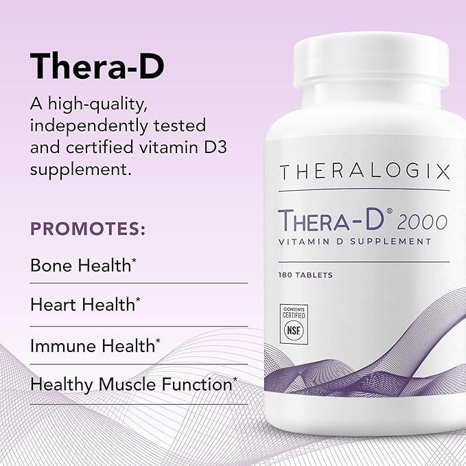 Theralogix Thera-D 2000 Vitamin D Supplement - 2,000 IU (50 mcg) Vitamin D3 Tablets - 180-Day Supply - Immune Support Supplement for Women & Men - Aids Bone & Heart Health - NSF Certified -180 Tablets