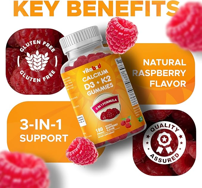 Vitamin D3 + K2 Gummies – Bone & Heart Health Support – 180 Pectin-Based Vegan Gummies