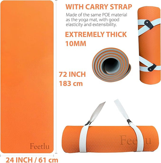 Extra Thick Exercise Yoga Mat with Strap - 2/5 Inch (10MM), Non-Slip Workout Mat for Yoga, Pilates, and Floor Exercises