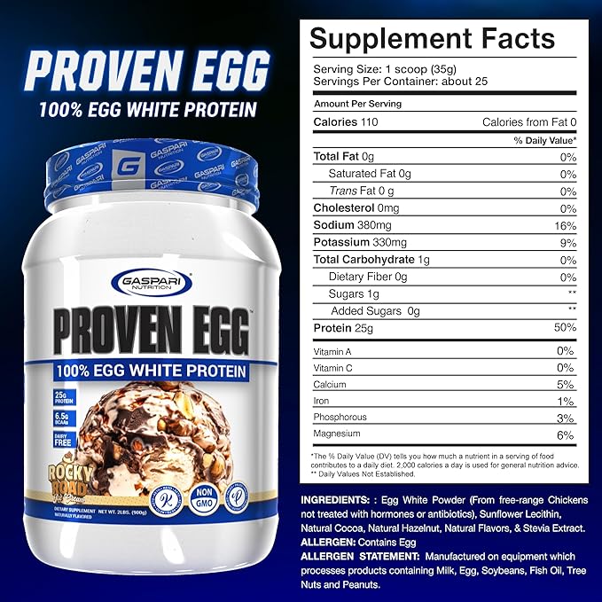 Gaspari Nutrition Proven Egg, 100% Egg White Protein, 25g Protein, Keto Friendly, Dairy and Lactose Free, Soy Free (2 lbs, Rocky Road)