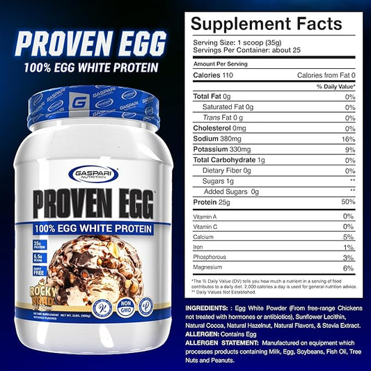 Gaspari Nutrition Proven Egg, 100% Egg White Protein, 25g Protein, Keto Friendly, Dairy and Lactose Free, Soy Free (2 lbs, Rocky Road)