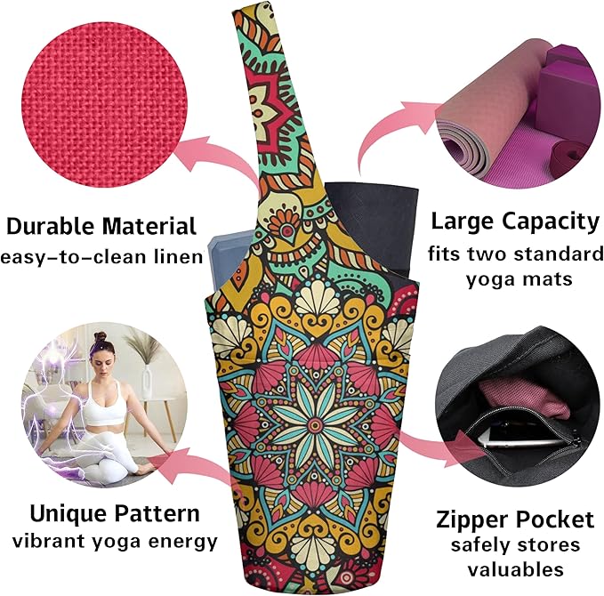 Yoga Mat Bag Carrier for Women with Side Large Pocket Durable Linen Workout Gym Travel Storage Pilates Mats