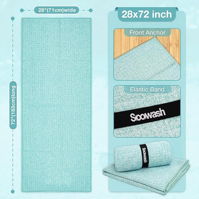 2 Pack Hot Yoga Towel, Yoga Mat Towels Non Slip for Hot Yoga with Strap, Microfiber Yoga Accessories, Soft Absorbent Quick Dry, Pilates Exercise Fitness 24" X 72"Blue Green