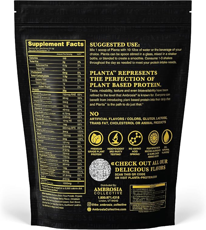 Ambrosia Planta - Premium Plant-Based Protein | Vegan & Keto Friendly | Gourmet Flavors with No Bloating or Stomach Upset | Gluten & Soy Free | No Added Sugar | 14 Servings | (Vanilla)