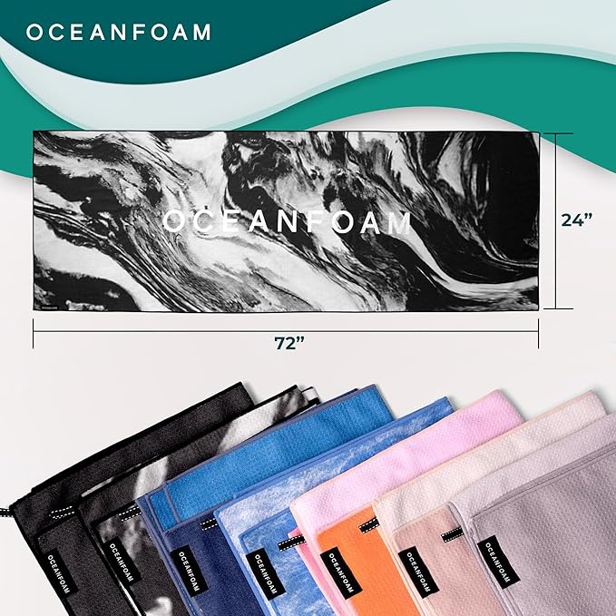 Oceanfoam Beach Towel – Lightweight, Absorbent, Quick-Drying, Sand-Resistant, Non-Slip – Ideal for Workouts, Yoga, Pilates, Beach, Pool, Boat & Travel – 25% Recycled – 72"x24" (Black Marbled)