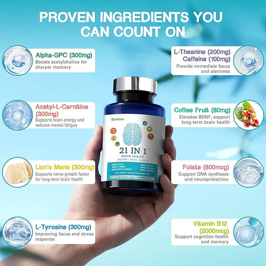 Brain Supplements for Memory and Focus, 21-in-1 Brain Supplement for Mental Alertness, Cognitive with 300mg Alpha-GPC, 300mg Lion’s Mane, L-Theanine, Phosphatidylserine, Vitamins B6 B12, 90 Capsules