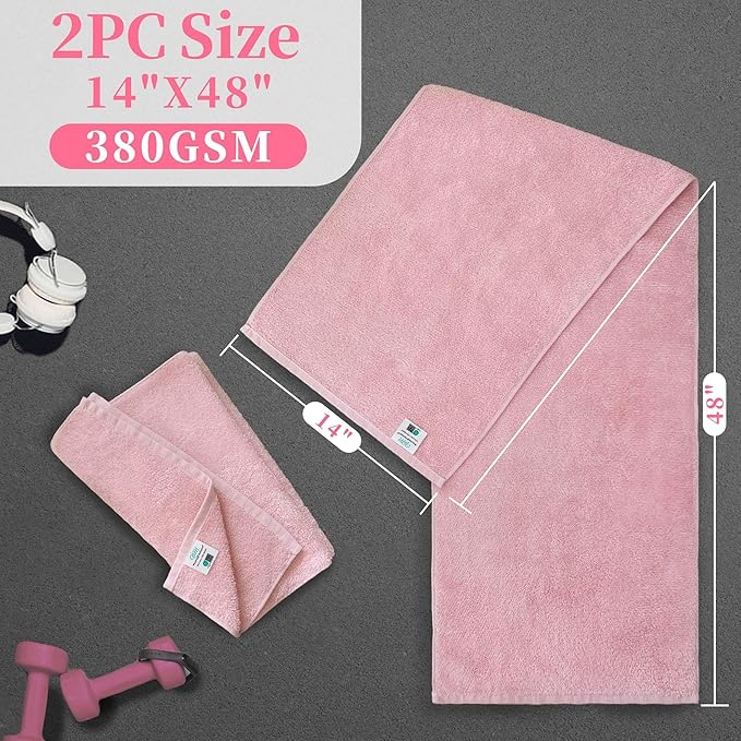Workout Sweat Towels, Cotton Gym Towels Set of 2, 14"x48" - Absorbent | Breathable | Soft - Sports Towel for Men & Women, Exercise Towel for Yoga, Shower, Tennis, Running & Fitness, Pink