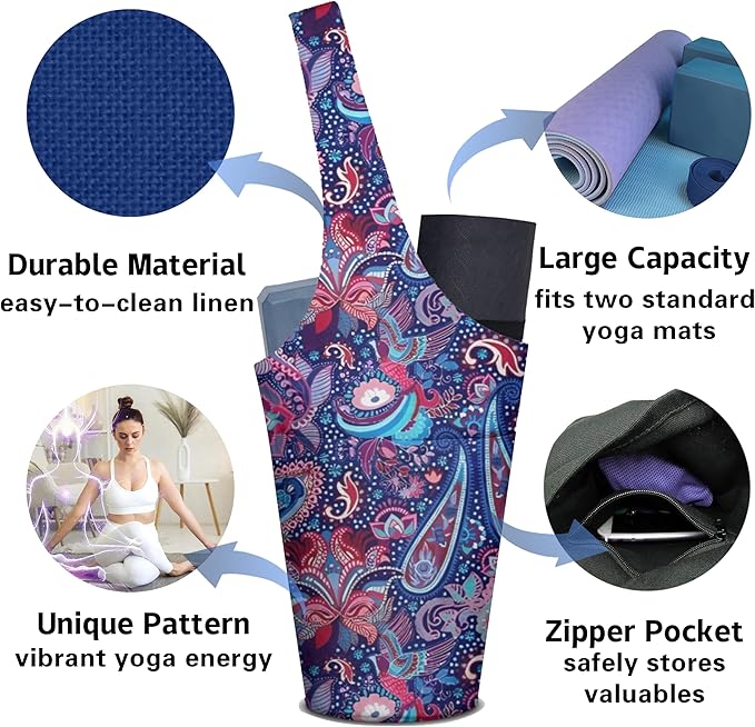 Yoga Mat Bag Carrier for Women with Side Large Pocket Durable Linen Workout Gym Travel Storage Pilates Mats
