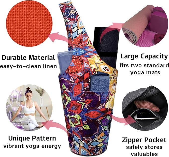 Yoga Mat Bag Carrier for Women with Side Large Pocket Durable Linen Workout Gym Travel Storage Pilates Mats