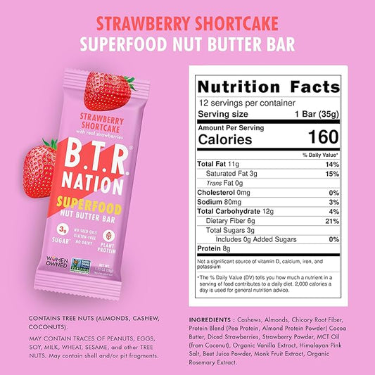 B.T.R. Nation Vegan Superfood Protein Bars - Strawberry Shortcake VITALITY | 12 Bars | Keto, Plant Based, and Gluten Free Low Carb, Sugar Alcohol Free, & Boosted with Powerful Superfood!