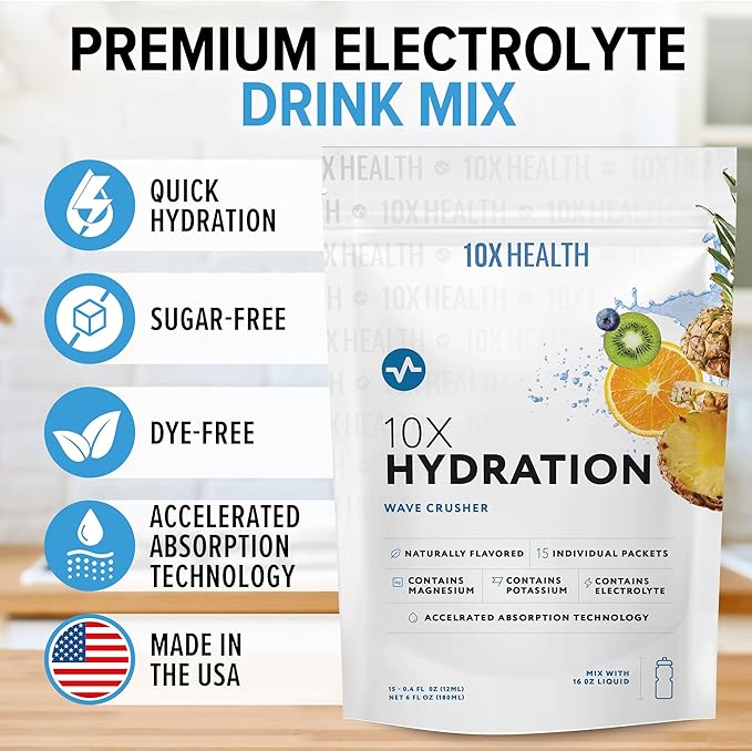 10X Health Hydration Packets Wave Crusher Electrolyte Drink Mix Liquid 15 Stickpacks with Magnesium Citrate, Sodium & Potassium - Natural Flavored Electrolyte