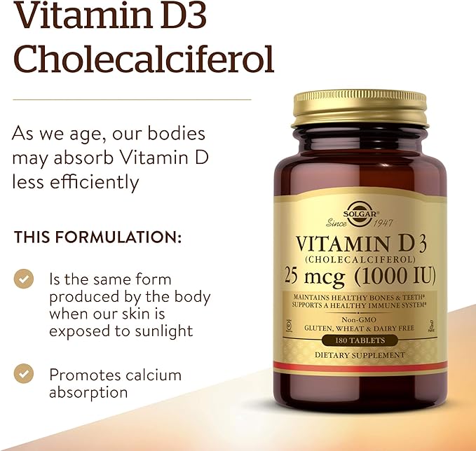 Solgar Vitamin D3 (Cholecalciferol) 25 mcg (1000 IU) – 180 Tablets - Helps Maintain Healthy Bones & Teeth - Immune System Support - Non-GMO, Gluten Free, Dairy Free, Kosher - 180 Servings