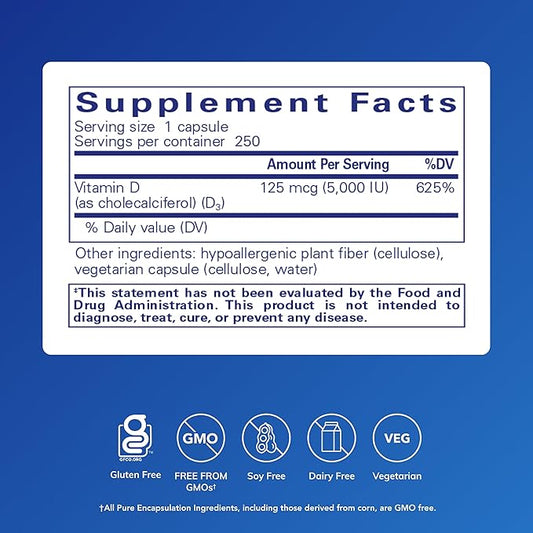 Pure Encapsulations Vitamin D3 125 mcg (5,000 IU) - Supplement to Support Bone, Joint, Breast, Heart, Colon, and Immune Health* - with Vitamin D - 250 Capsules