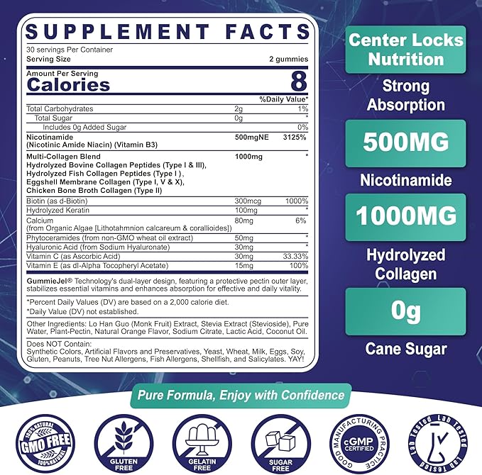 Nicotinamide 500mg Gummies, Niacinamide Supplement with Collagen Peptides, (Flush Free Niacin) Vitamin B3 Niacinamide for Anti-Aging, NAD+ Levels, Longevity, Focus & Brain, Sugar Free, 60Cts
