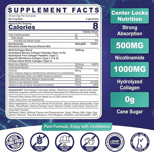 Nicotinamide 500mg Gummies, Niacinamide Supplement with Collagen Peptides, (Flush Free Niacin) Vitamin B3 Niacinamide for Anti-Aging, NAD+ Levels, Longevity, Focus & Brain, Sugar Free, 60Cts
