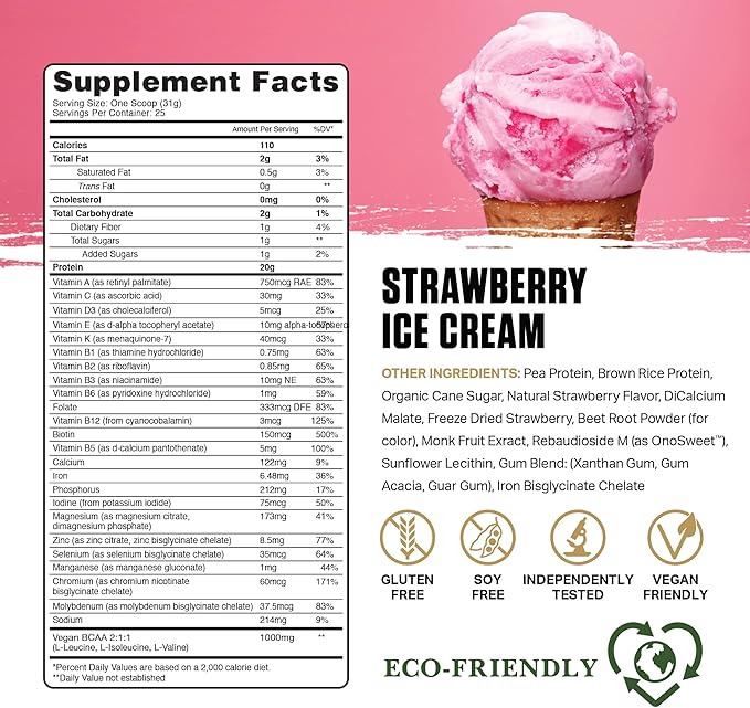 Ambrosia Planta - Premium Plant-Based Protein | Vegan & Keto Friendly | Gourmet Flavors | No Bloating or Stomach Upset | Gluten & Soy Free | No Added Sugar | 25 Servings | Strawberry Ice Cream