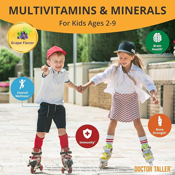 Doctor Taller Kids - Kids Multivitamins, Toddler Vitamins - Support Healthy, Immunity and Bone Strength for Ages 2 to 9 - Grape Flavor - 60 Vegan Chewable Tablets | Pack 2