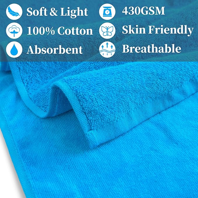 Workout Sweat Towels, Cotton Gym Towels Set of 2, 12"x45" - Absorbent | Breathable | 430GSM | Soft - Sports Towel for Men & Women, Exercise Towel for Yoga, Shower, Tennis, Running & Fitness, Aqua Blue