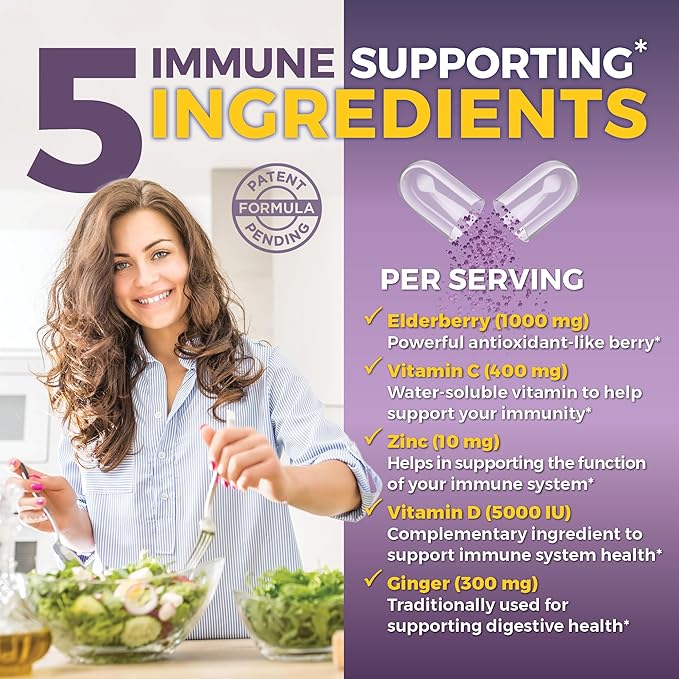 Viva Naturals Black Elderberry with Vitamin C and Zinc for Adults (60 Count) - Sambucus Elderberry Immune Support Supplement, Black Elderberry Capsules for Adults, Elderberry Supplements for Women