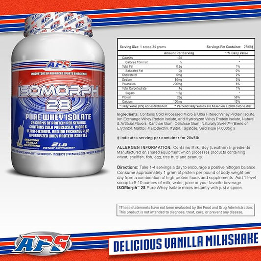 APS Nutrition IsoMorph 28 Protein Powder | Pure Whey Isolate | Cold Pressed, Ultra- Filtered, & Ion Exchange Isolates | 28g Protein | 2 Pound (Vanilla Milkshake)