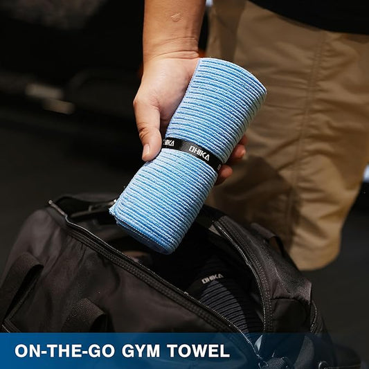 Microfiber Gym Towels with Snap Strap Closure, Ribbed Pattern Sports Towels for Yoga, Home and Outdoor Activities, 27” x 16”, 6 Pack, Light Blue