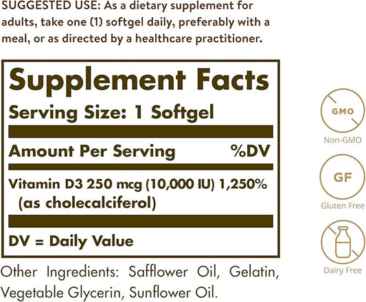 Solgar Vitamin D3 Cholecalciferol 250 MCG 10000 IU Softgels Helps Maintain Healthy Bones Teeth Immune System Support Non-GMO Gluten, Dairy Free Servings, 180 Count