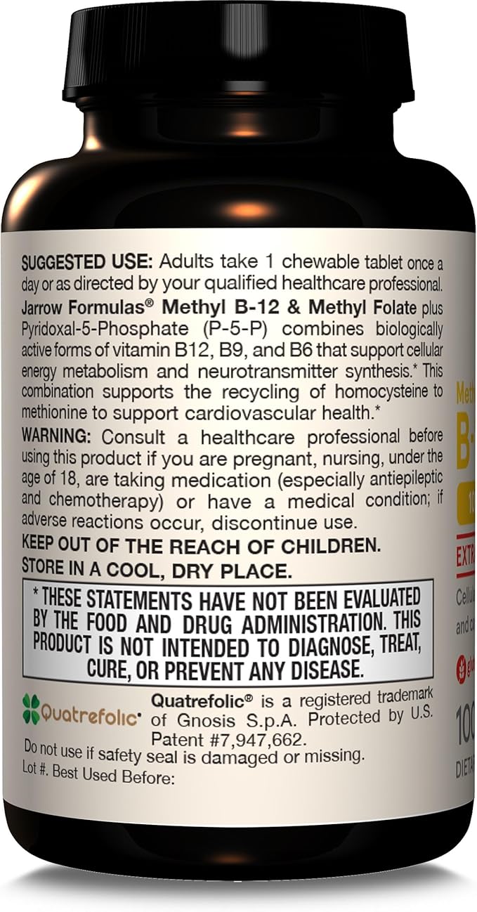 Jarrow Formulas Methyl B-12 & Methyl Folate - 60 Chewable Tablets, Cherry - Bioactive Vitamin B12 & B9 - Supports Energy Production, Brain Function & Metabolism - Gluten Free - 60 Servings