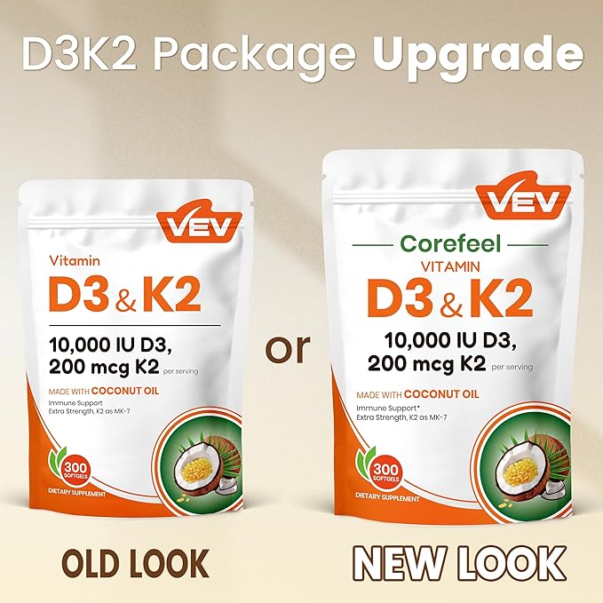 VEV Corefeel Vitamin D3 K2 10,000 IU, 200 mcg MK-7, 300 Coconut Oil Softgels, 2 in 1 Vitamins Supplement D & K (Include MK7), Easy to Swallow, Supports Calcium Absorption, Bone Health