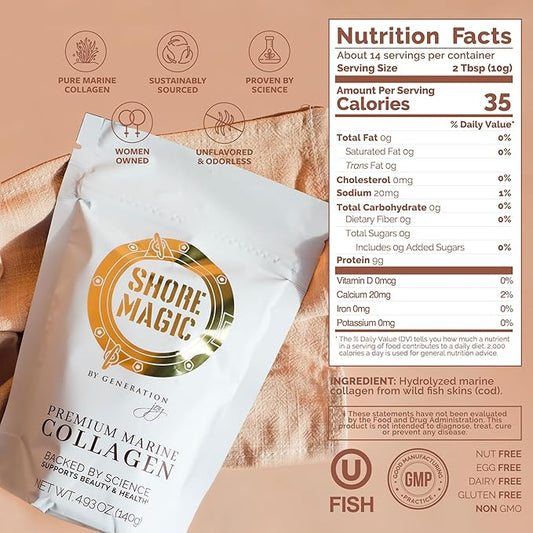 Shore Magic Premium Marine Collagen Powder – Hydrolyzed Type I, II, III & IV Peptides from Wild Fish for Skin, Hair, Nails & Joints, 14 Servings