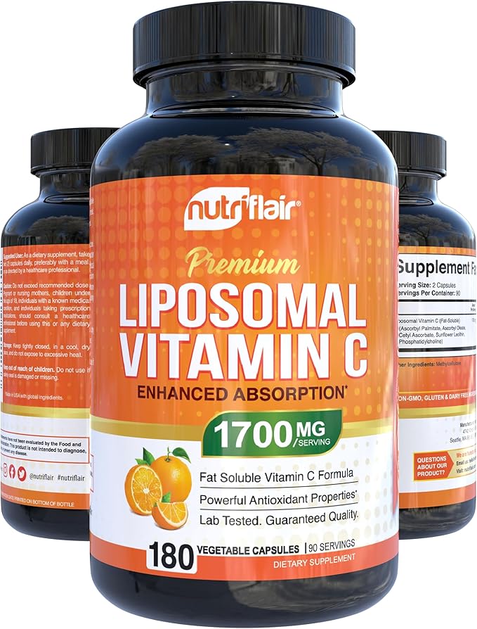 NutriFlair Liposomal Vitamin C 1700mg, 180 Capsules - High Absorption, Fat Soluble VIT C, Higher Bioavailability Immune System Support & Collagen Booster, Non-GMO, Vegan Pills