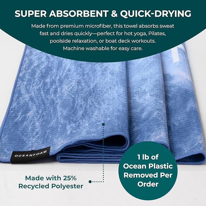Oceanfoam Beach Towel – Lightweight, Absorbent, Quick-Drying, Sand-Resistant, Non-Slip – Ideal for Workouts, Yoga, Pilates, Beach, Pool, Boat & Travel – 25% Recycled – 72"x24" (Ocean)