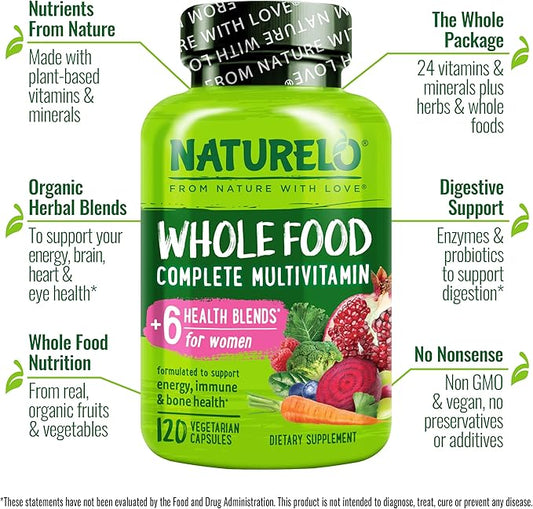 NATURELO Whole Food Multivitamin for Women - with Vitamins, Minerals, & Organic Extracts - Supplement for Energy and Heart Health - Non GMO - 120 Vegan Capsules