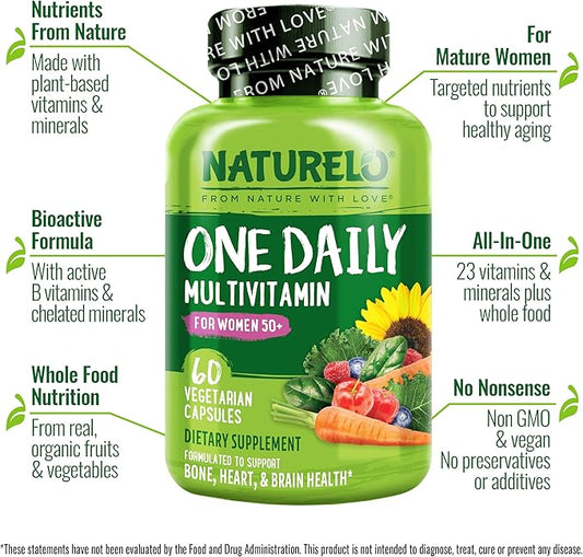NATURELO One Daily Multivitamin for Women 50+ (Iron Free) - Menopause Support for Women Over 50 - Whole Food Supplement - Non-GMO - No Soy - 60 Capsules - 2 Month Supply