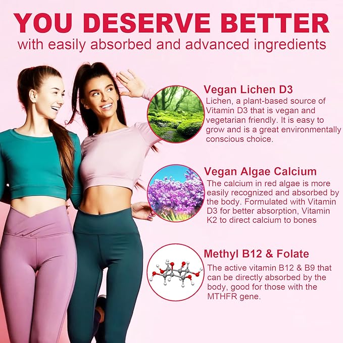Methylated Multivitamin for Women Gummies, Calcium, D3 K2, Methylfolate & B12, Inositol, Daily Vitamin A, C, E, B Complex, Biotin, Iron - Energy, Immune, Bone, Skin, Hair - Vegan, Sugar Free, 60 Count