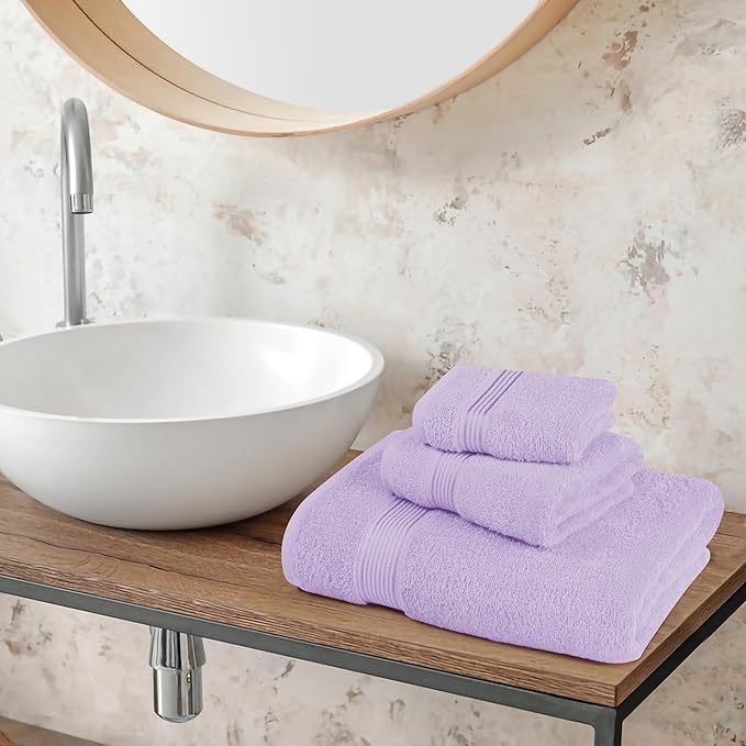 Belizzi Home Ultra Soft 3 Pack Cotton Towel Set, Contains a Bath Towel 28x55 inch, a Hand Towel 16x24 inch & a Wash Coth 12x12 inch, Ideal Everyday use, Compact & Lightweight - Purple