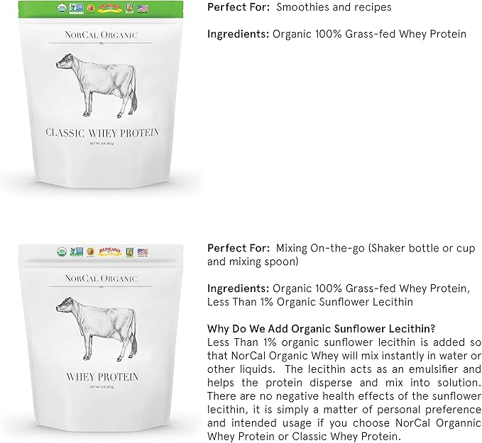 NorCal Organic Whey Protein | 100% Grass-Fed, USDA Certified | Pure, Clean Protein Sourced from Northern California Family Farms | Unflavored | 2 Pound (Pack of 1)