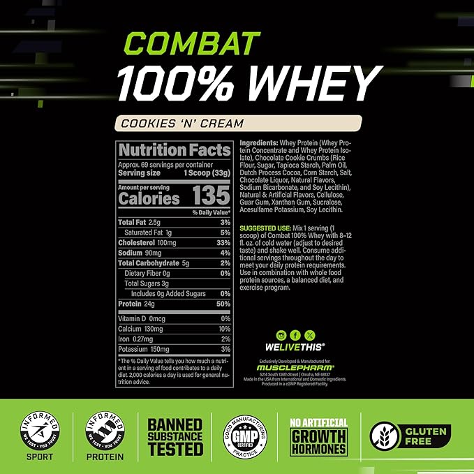 MusclePharm Combat 100% Whey Protein Powder, Cookies ‘N’ Cream Flavor, Fast Recovery & Muscle Gain with Whey Protein Isolate, High Protein Powder for Women & Men, Gluten Free, 5 lb, 69 Servings