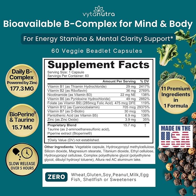 Plus B 11-in-1 Beadlet Capsule – Complete B-Complex with B1, B2, B3, B5, B6, B7, B9, B12 – Timed Release for Energy, Vitality, Brain, Heart, Immune, Mood, & Overall Wellness