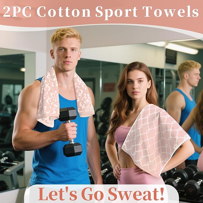 Workout Towels for Gym - 100% Cotton, Breathable, Soft & Absorb - Sweat Towel for Men & Women, Sports Hand Towel for Yoga, Shower, Tennis, Running, Exercise & Fitness, Pink Damask and Checkered
