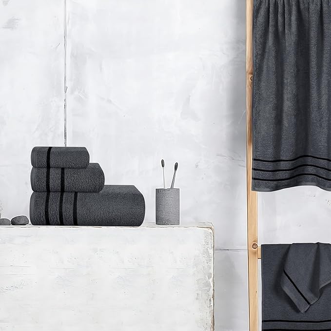 MyOwn Ultra Soft 6 Pack Cotton Towel Set, Contains 2 Bath Towels 28x55 inch, 2 Hand Towels 16x24 inch & 2 Wash Coths 12x12 inch, Ideal Everyday use, Compact & Lightweight - Charcoal Grey, 71659