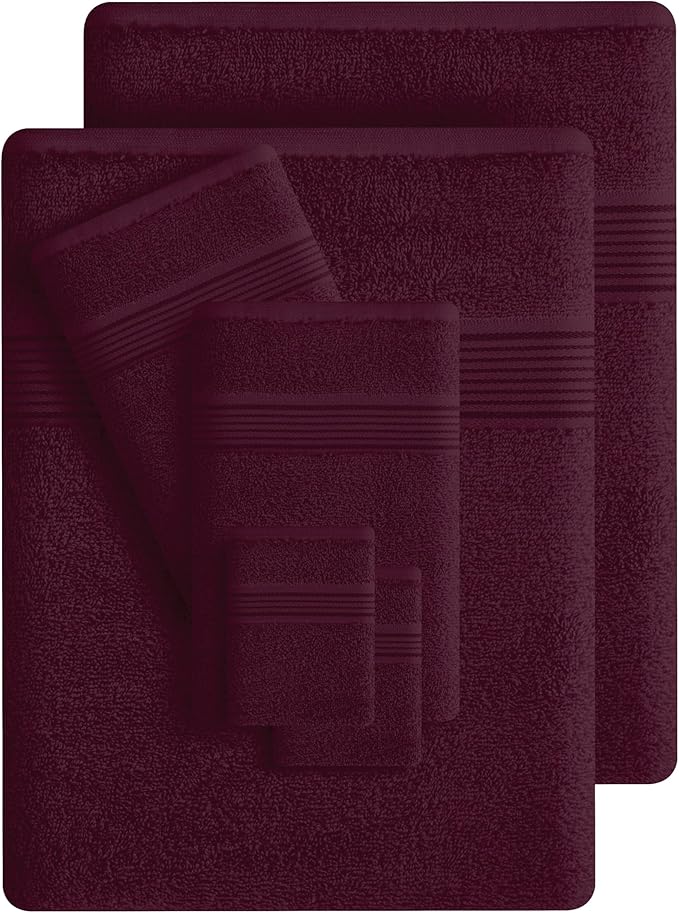 Belizzi Home 100% Cotton Towel Set, Contains 6 Soft Bath Towel, 6 Hand Towels, 12 Wash Cloths - Compact Absorbent Lightweight & Quickdry Towels for Bathroom - 24 Piece Bathroom Towel Set - Burgundy