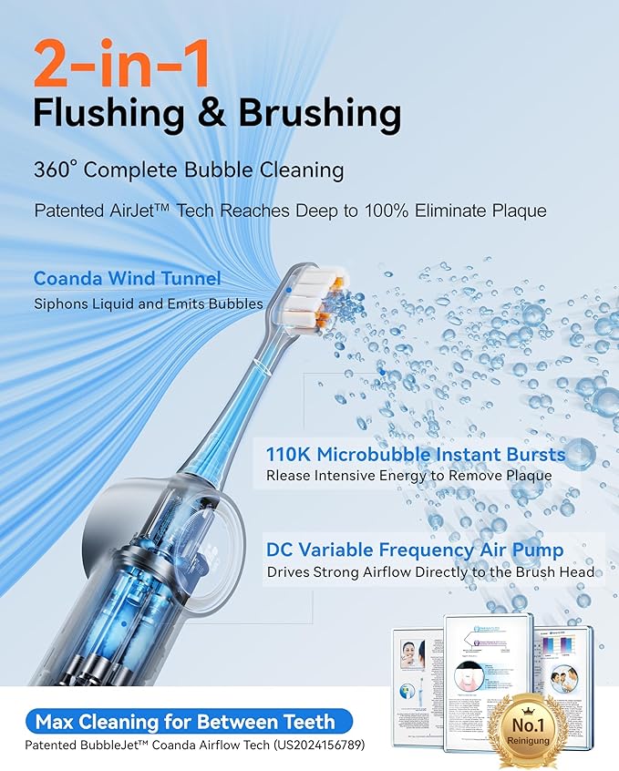 RANVOO [Vibrating & Flossing 2-in-1] AirJet Bubble Sonic Electric Toothbrush, 100% Plaque Removal, White for Adult Protect Gum Orthodontic Teeth Clean Rechargeable Gift with 2 Soft Brush Heads White