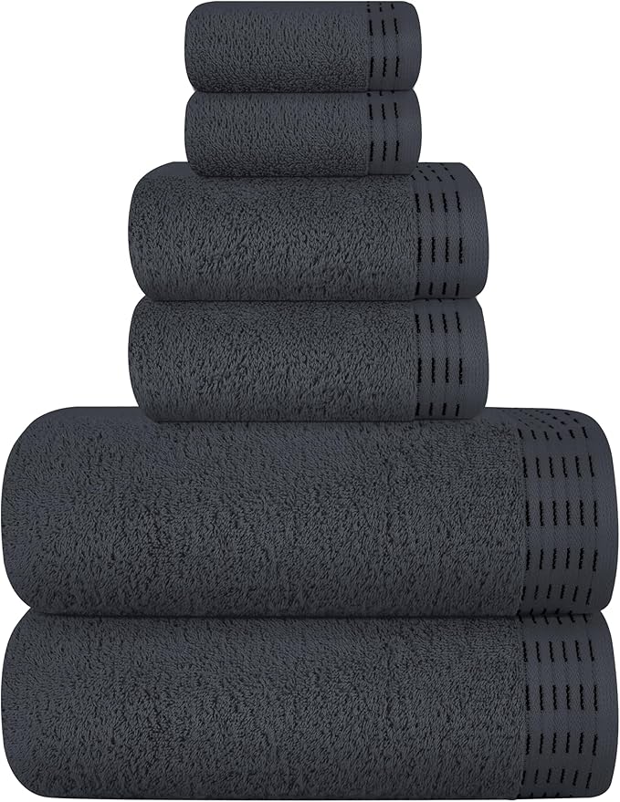 Ultra Soft 6 Pack Cotton Towel Set, Contains 2 Bath Towels 28x55 inch, 2 Hand Towels 16x24 inch & 2 Wash Coths 12x12 inch, Ideal Everyday use, Compact & Lightweight - Charcoal Grey