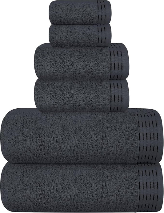Ultra Soft 6 Pack Cotton Towel Set, Contains 2 Bath Towels 28x55 inch, 2 Hand Towels 16x24 inch & 2 Wash Coths 12x12 inch, Ideal Everyday use, Compact & Lightweight - Charcoal Grey